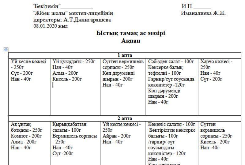 Ыстық тамақ ас мәзірі